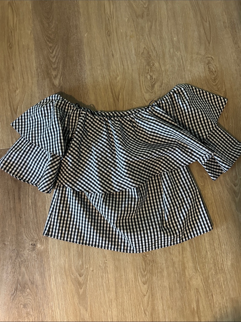 Wayf Black and White Gingham Off-Shoulder Ruffle Top